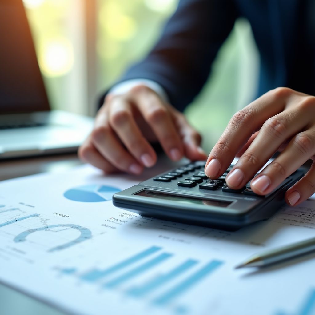 Persona trabajando en contabilidad con calculadora y documentos